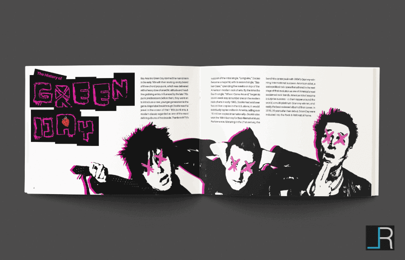 Hella Mega Tour Spread 1: Pink-black illustrations of Green Day